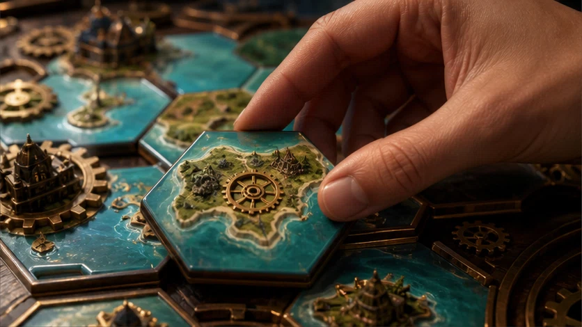 Clockwork Isles: Move modular islands to bring explorers home before the sea resets. Scene 1.