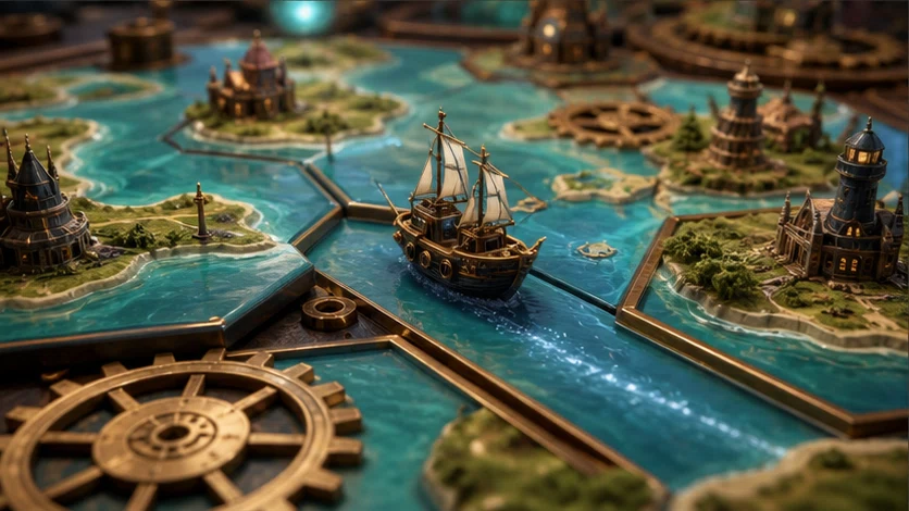 Clockwork Isles: Move modular islands to bring explorers home before the sea resets. Scene 2.