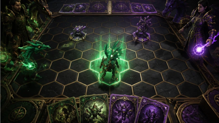 Hexbound: Draft spells onto a shared hex map and trap a rival familiar. Scene 1.