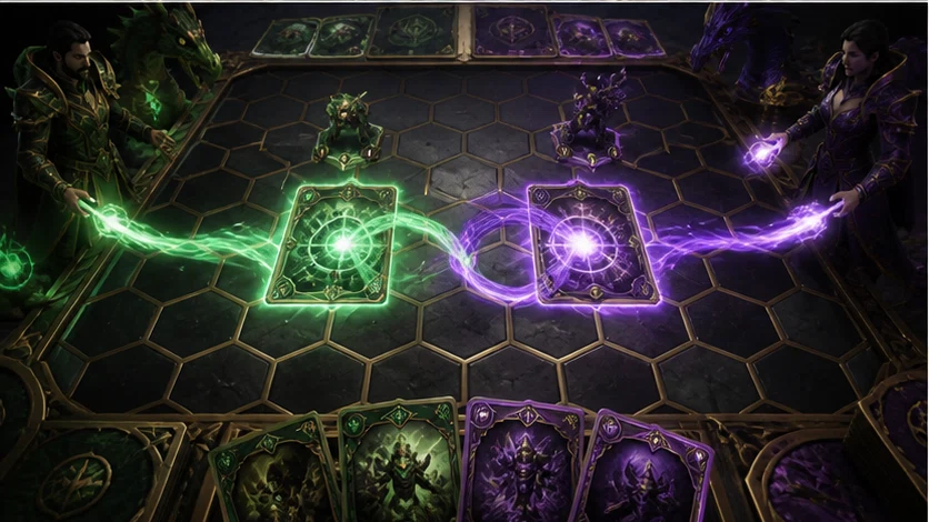 Hexbound: Draft spells onto a shared hex map and trap a rival familiar. Scene 2.