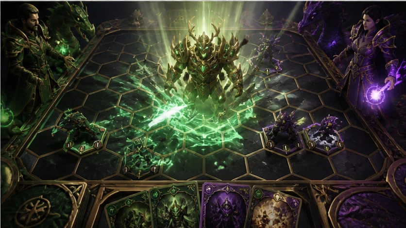 Hexbound: Draft spells onto a shared hex map and trap a rival familiar. Scene 3.