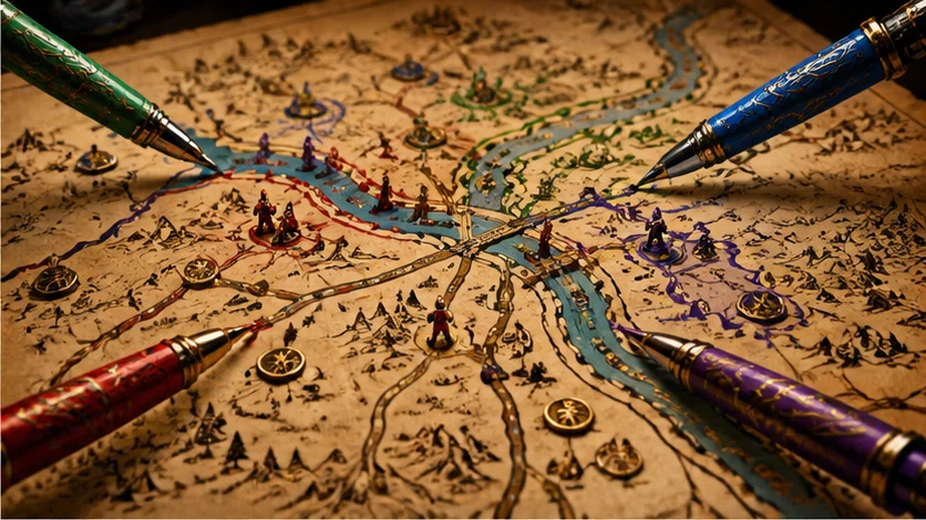 Kingdoms in Ink: Draw roads, borders, and rebellions onto a shared living map. Scene 1.