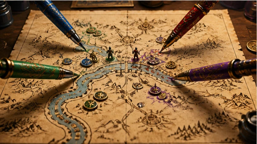 Kingdoms in Ink: Draw roads, borders, and rebellions onto a shared living map. Scene 2.