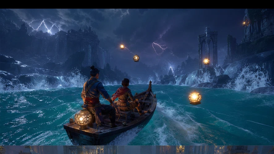 Lanterns of Aster: Follow living lanterns through a drowned celestial kingdom. Scene 1.