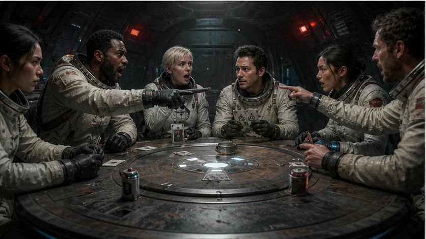 Last Hand: Bluff through a doomed space voyage where every card spends oxygen. Scene 2.