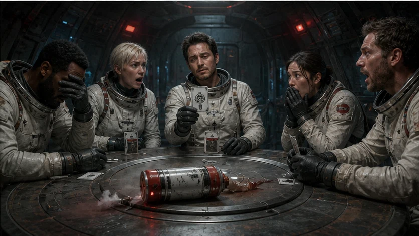 Last Hand: Bluff through a doomed space voyage where every card spends oxygen. Scene 3.