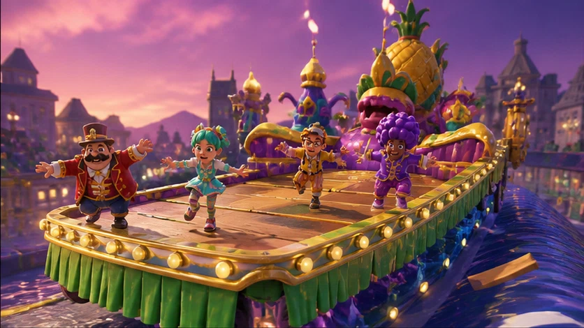 Panic Parade: Outrun friends through a parade of ridiculous collapsing obstacles. Scene 1.