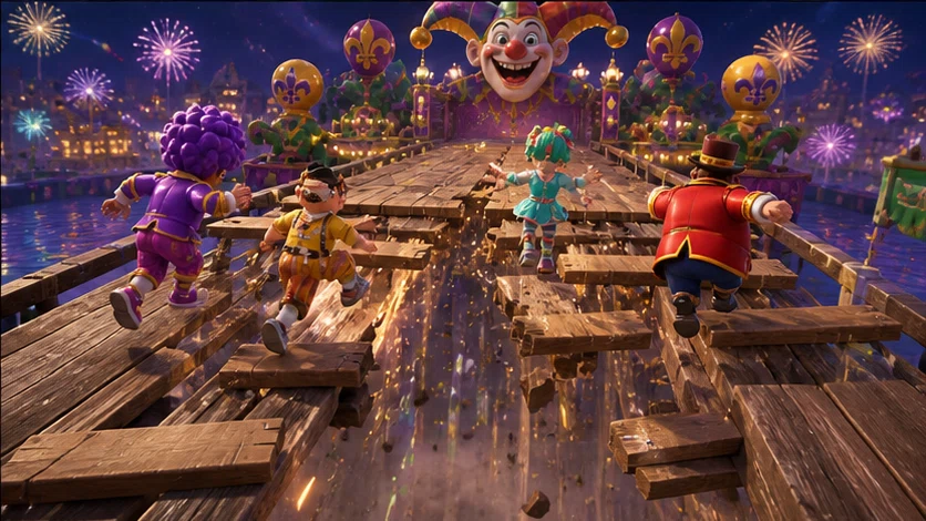 Panic Parade: Outrun friends through a parade of ridiculous collapsing obstacles. Scene 3.