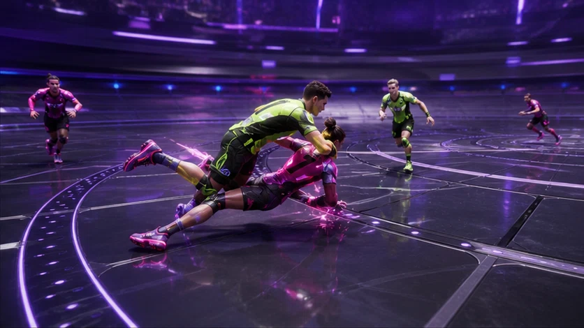 Pulse League: Read the beat, call the play, and carry an energy core over the line. Scene 1.