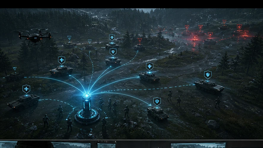 Signal Command: Direct fleets and ground units across a live holographic war table. Scene 1.