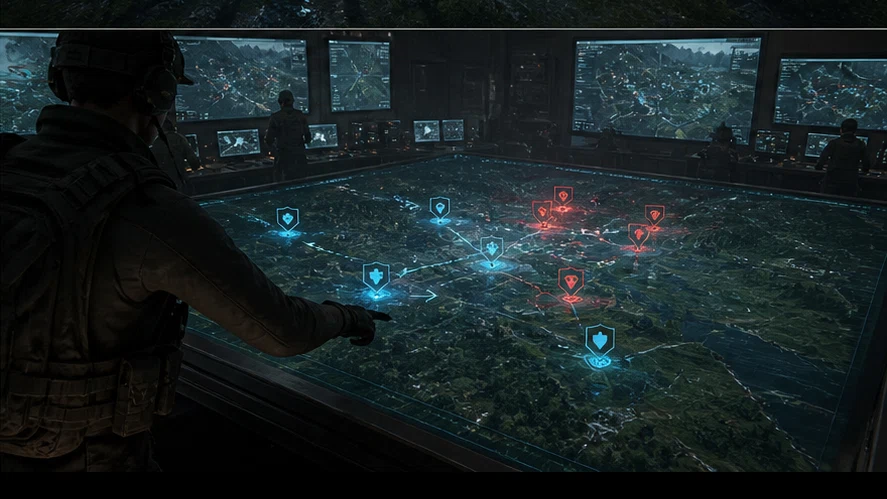 Signal Command: Direct fleets and ground units across a live holographic war table. Scene 3.
