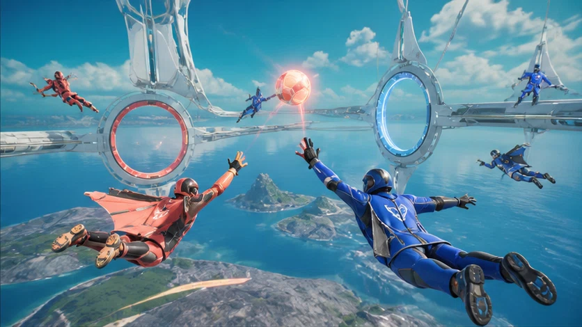 Skyball Circuit: Fly, pass, and score through shifting rings in zero gravity. Scene 1.