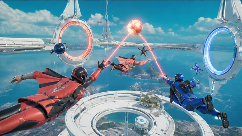 Skyball Circuit: Fly, pass, and score through shifting rings in zero gravity. Scene 2.