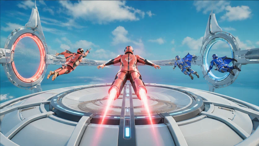 Skyball Circuit: Fly, pass, and score through shifting rings in zero gravity. Scene 3.