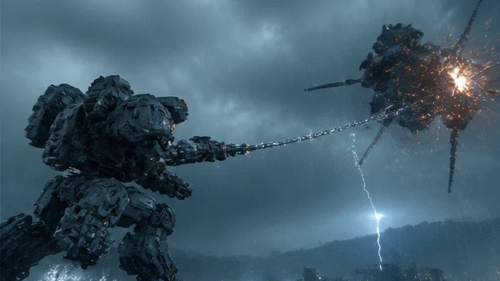 Steel Tempest: Pilot repair-scarred mechs through continent-sized storms. Scene 1.