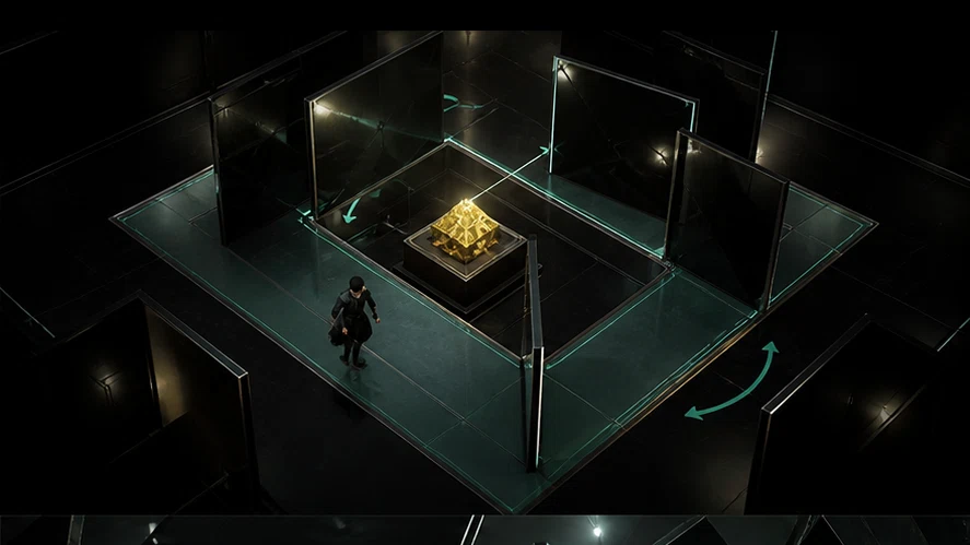 Vector Vault: Rotate impossible rooms until a golden key has a path home. Scene 1.