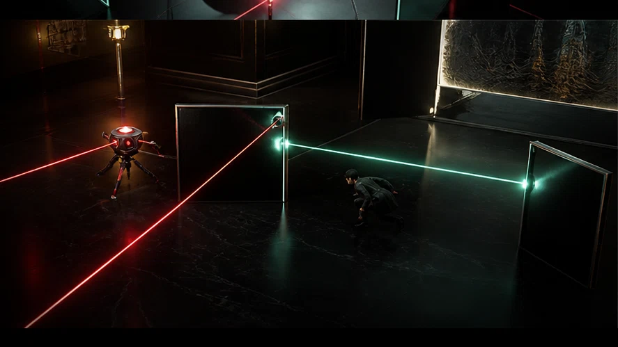 Vector Vault: Rotate impossible rooms until a golden key has a path home. Scene 2.