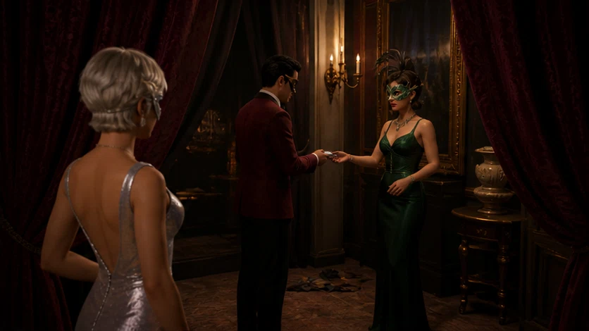 Velvet Alibi: Find the liar at a masked gala before the final toast. Scene 1.