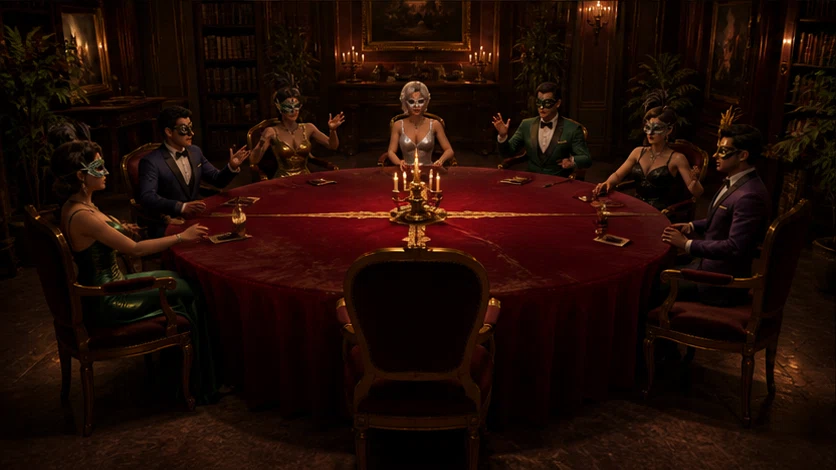 Velvet Alibi: Find the liar at a masked gala before the final toast. Scene 2.